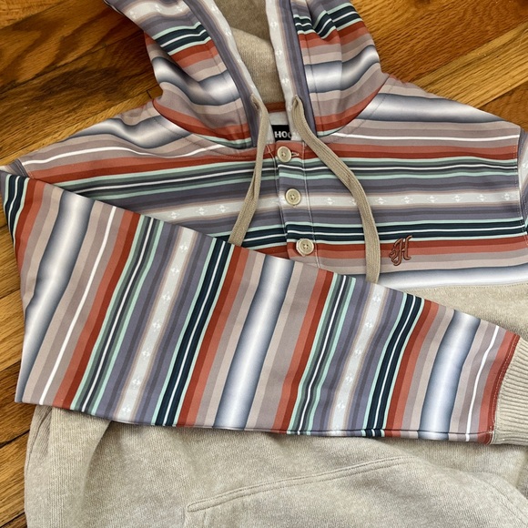 Hooey Beige Pullover Hoodie with Multi-Color Striped Hood & Sleeves - Picture 5 of 10